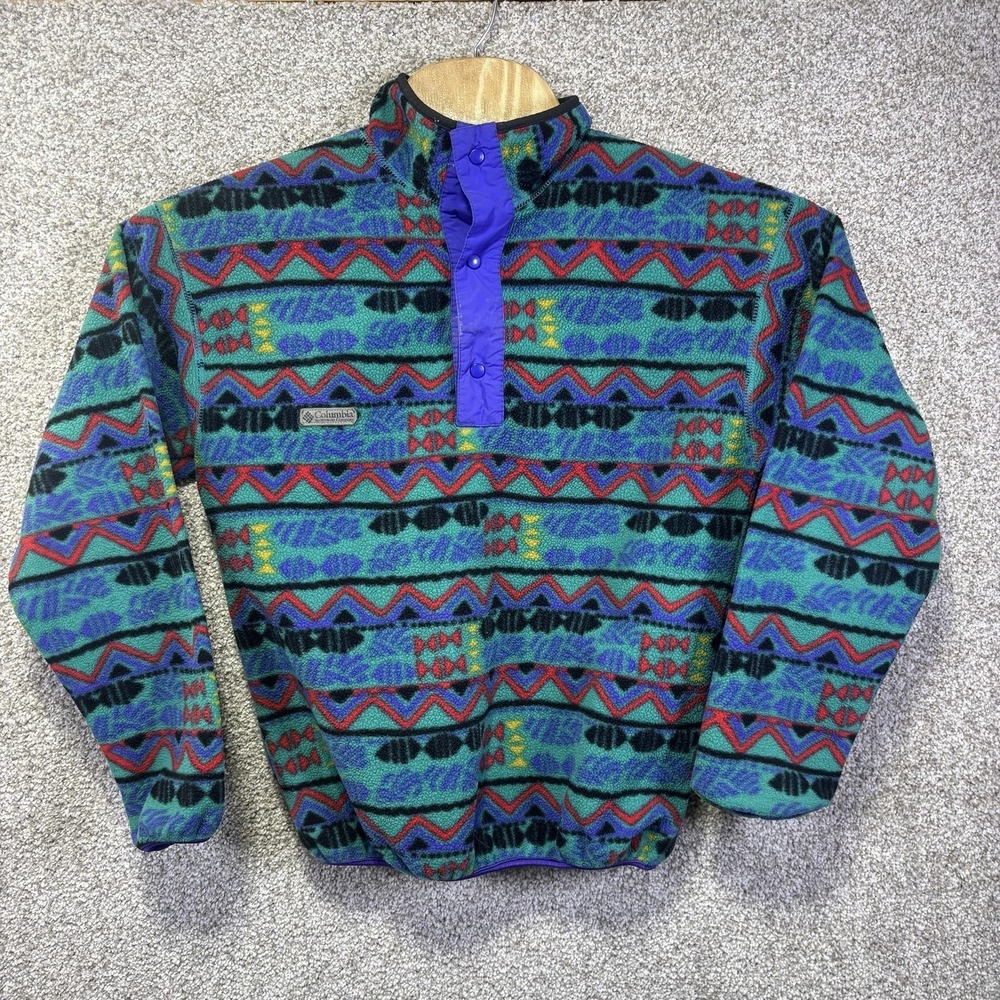 Vintage Columbia Sweater Mens Small Green Geometric Fleece Mock Neck Pullover